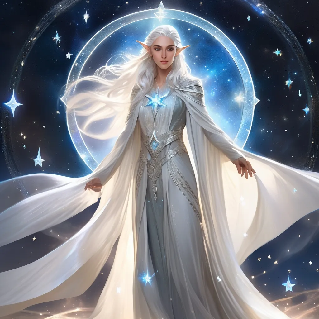 Prompt: full body portrait of a dnd character, a young elven woman in her early twenties, slender and graceful build giving off an ethereal presence, long silver-white hair cascading down her back (adorned with star charms), eyes glowing with otherworldly luminescence, and wears a flowing robe and cloak with celestial patterns, neat and clean tangents