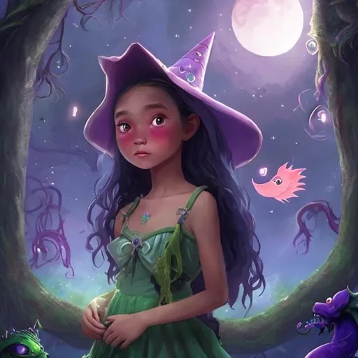 Prompt: a realistic 13 year old Filipino girl with a crescent moon on her forehead in a magical Forest staring up at the beautiful night in the sky with a kind to swamp monster a beautiful witch and a pink dress and a little purple dragon that has pink and green at the end of its wings and Tail sicker