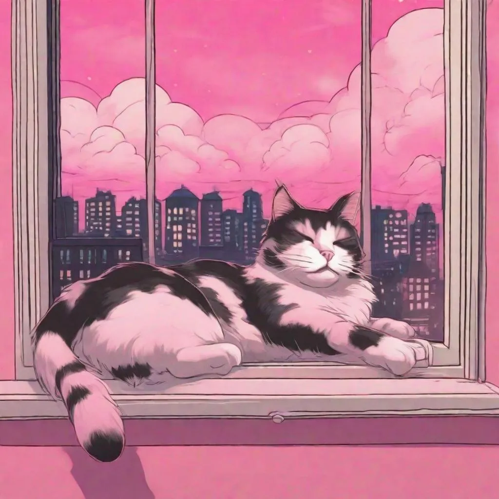 Prompt: a cat laying down asleep on a window sill while watching the Steam City on the pink clouds come to life