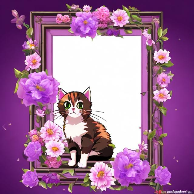 Prompt: cat in flower frame anime 2k purple