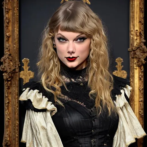 Prompt: Golden Gothic  taylor swift with 1989 hair and rep black lips