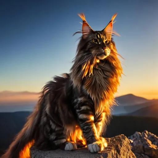 Prompt: a Maine coon with brown fur, yellow eyes, long tall, standing up on a moutain with wind blowing sunset 