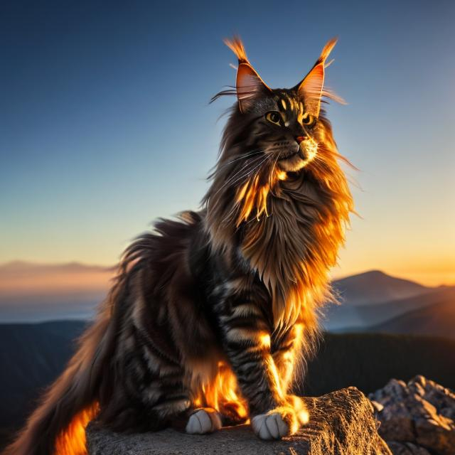 Prompt: a Maine coon with brown fur, yellow eyes, long tall, standing up on a moutain with wind blowing sunset 