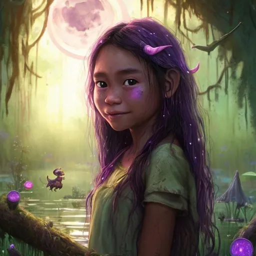 Prompt: a realistic happy 
13 year old Filipino girl with a crescent moon on her forehead  Wearing reeds, mud and swamp moss in a magical Forest staring up at the beautiful night in the sky with a kind to swamp monster a beautiful witch and a pink dress and a little purple dragon that has pink and green at the end of its wings and Tail