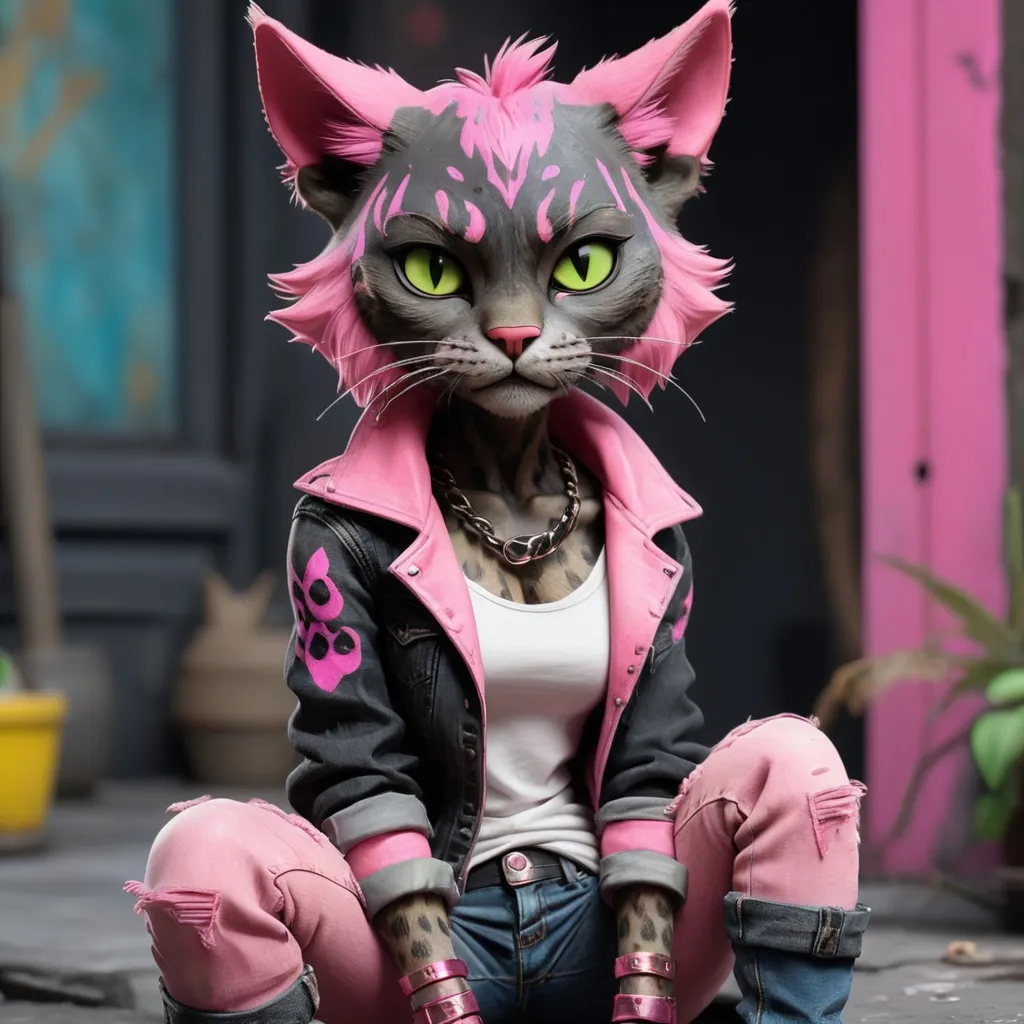 Prompt: Tabaxi wearing acid-washed Jeans, colors are shades of black and pink, looking like a bad girl, best quality, masterpiece