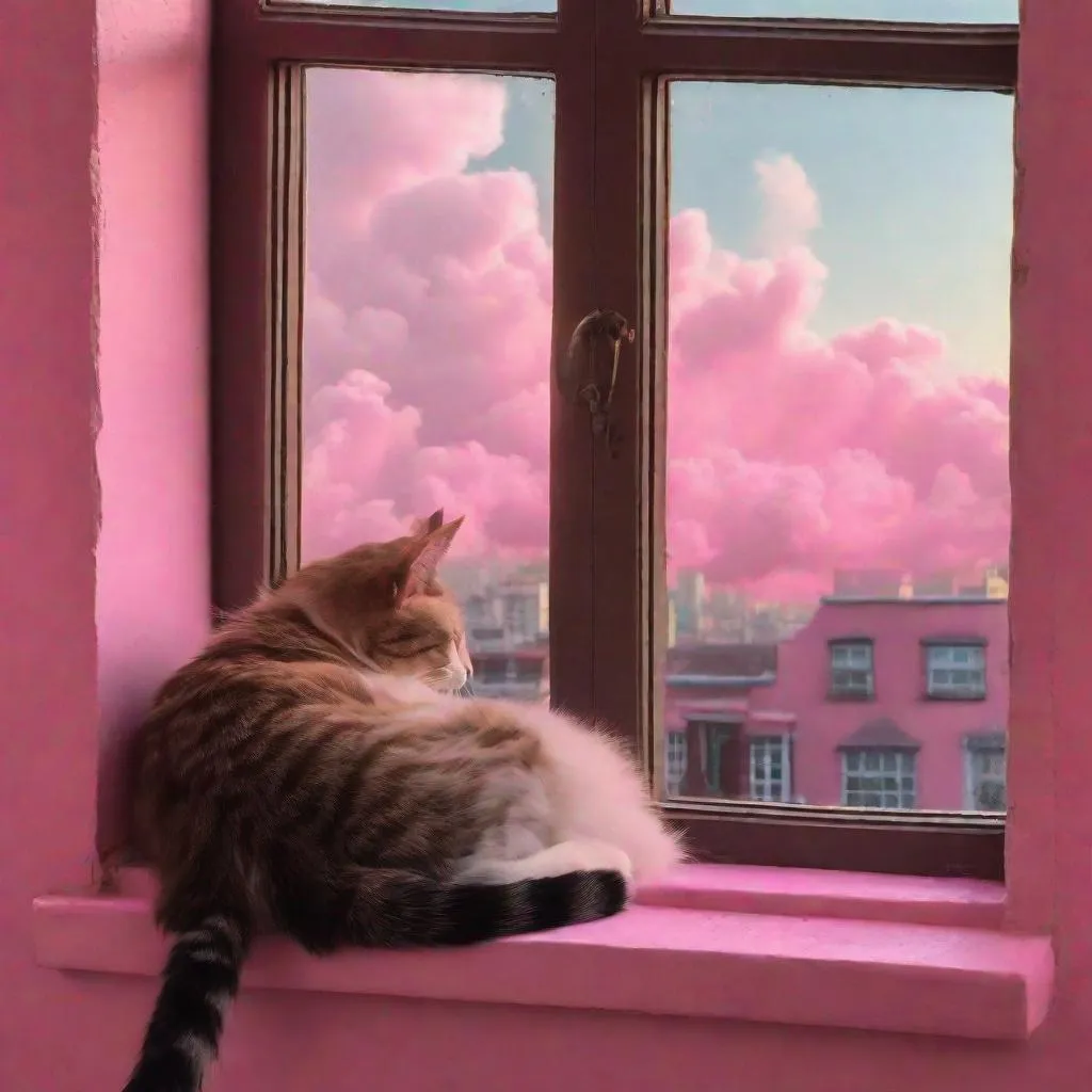 Prompt: a cat laying down asleep on a window sill while watching the Steam City on the pink clouds come to life