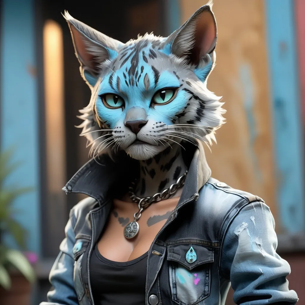 Prompt:  Tabaxi wearing acid-washed Jeans, colors are shades of black and Light blue, looking like a bad girl, best quality, masterpiece