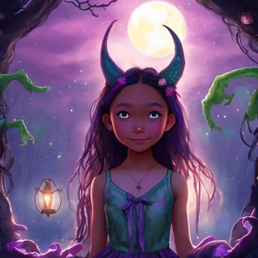 Prompt: a realistic 13 year old Filipino girl with a crescent moon on her forehead in a magical Forest staring up at the beautiful night in the sky with a kind to swamp monster a beautiful witch and a pink dress and a little purple dragon that has pink and green at the end of its wings and Tail