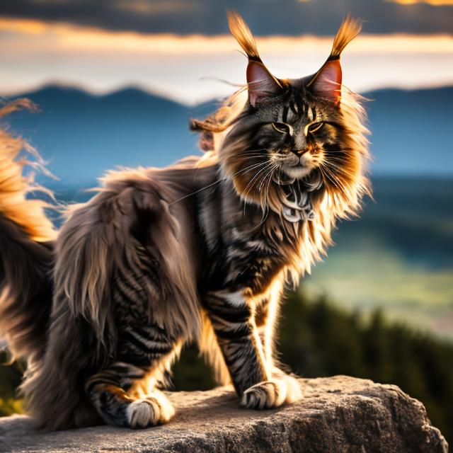 Prompt: a Maine coon with brown fur, yellow eyes, long tall, standing up on a moutain with wind blowing sunset 