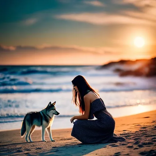 Prompt: Woman with wolf on the beach, autumn, highly detailed, professional, render, Sharp focus, HD, UHD, HDR, hyperrealistic