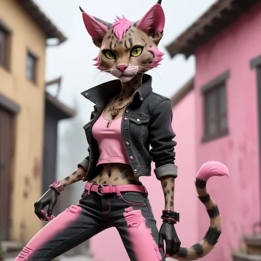 Prompt: Tabaxi wearing acid-washed Jeans, colors are shades of black and pink, looking like a bad girl, best quality, masterpiece