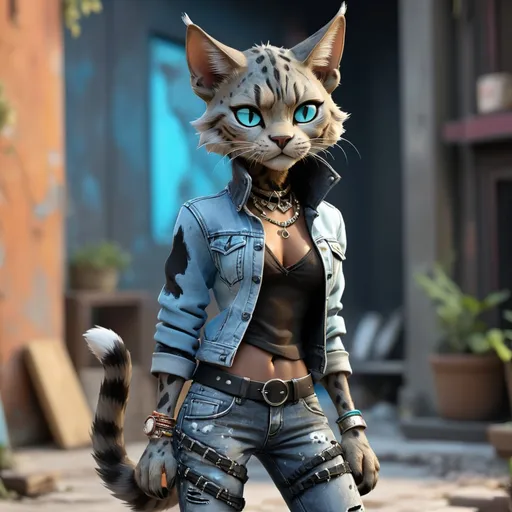 Prompt:  Tabaxi wearing acid-washed Jeans, colors are shades of black and Light blue, looking like a bad girl, best quality, masterpiece