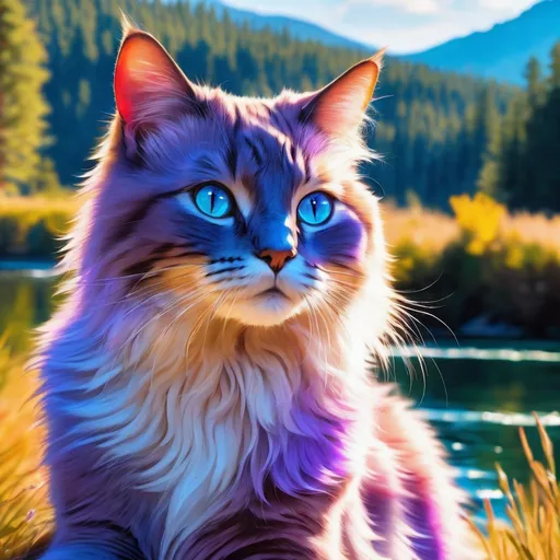 Prompt: warrior cat with {lavender fur} and {crystal blue eyes}, young female cat, epic anime portrait, beautiful 8k eyes, elegant {colorful lavender fur}, fine oil painting, modest, gazing at viewer, worm's eye view, frosted flowers, zoomed out view of character, wears a bracelet, 64k, hyper detailed, expressive, timid, graceful, beautiful, expansive silky mane, golden ratio, precise, perfect proportions, vibrant, prowling by a sun-bathed river, hyper detailed, complementary colors, UHD, HDR, top quality artwork, beautiful detailed background, unreal 5, artstaion, deviantart, instagram, professional, masterpiece