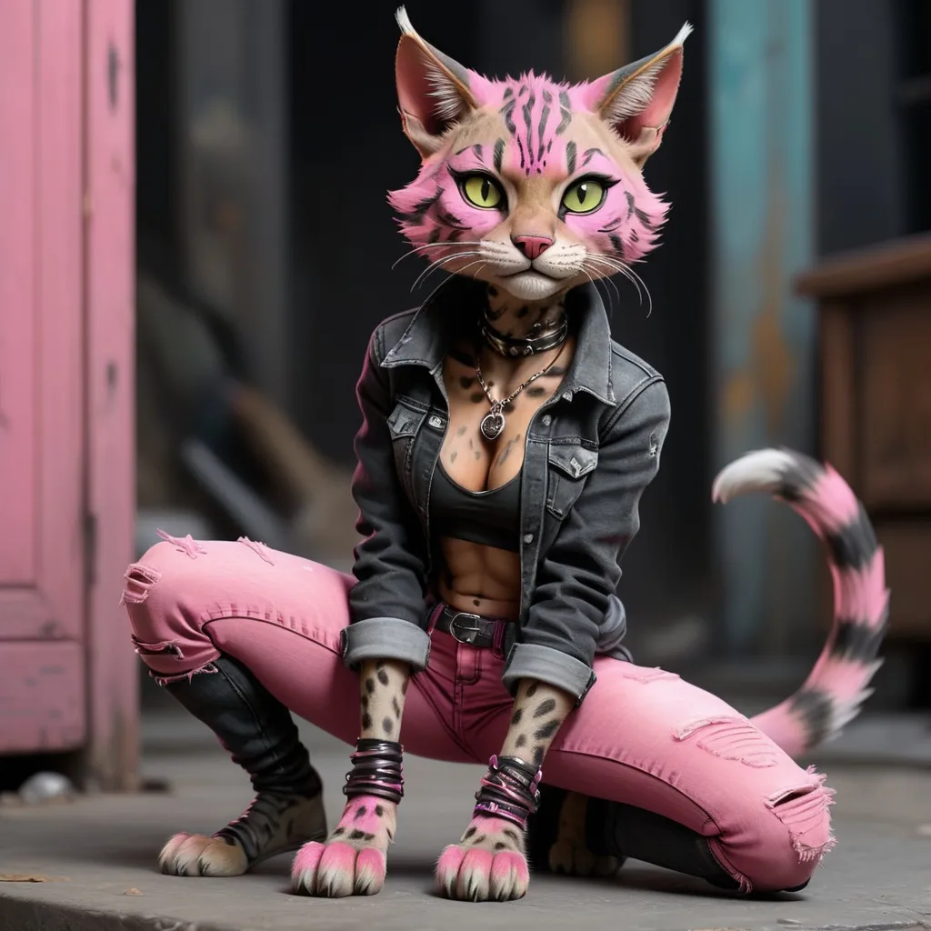 Prompt: Realistic Tabaxi wearing acid-washed Jeans, colors are shades of black and pink, looking like a bad girl, best quality, masterpiece