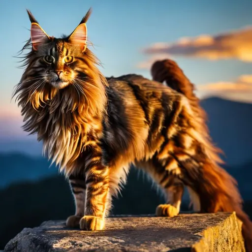 Prompt: a Maine coon with brown fur, yellow eyes, long tall, standing up on a moutain with wind blowing sunset 