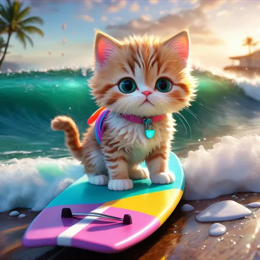Prompt: Super cute cat with a baby cat, on a surfboard, fluffy, adorable, led, hyper-detailed, 64K, UHD, HDR, unreal engine, vivid colors, Ocean, waves, perfect, colorful