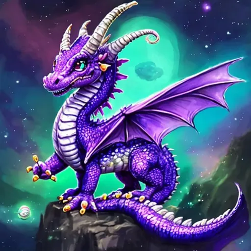 Prompt:  realistic small purple dragon with pink and green at the tip of its tail and wings with a few feathers big long scales flying in the void of outer space  with Filipino baby girl and good Witch and a beautiful pink dress and the which is using her magic to shine Moonlight on the little Filipino baby