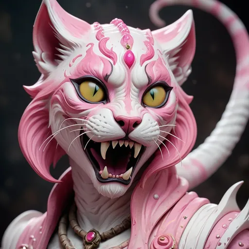 Prompt: killer Khajiit made of pink and light and swirling dust in white and eerie-pink colors, masterpiece, best quality with kittins 