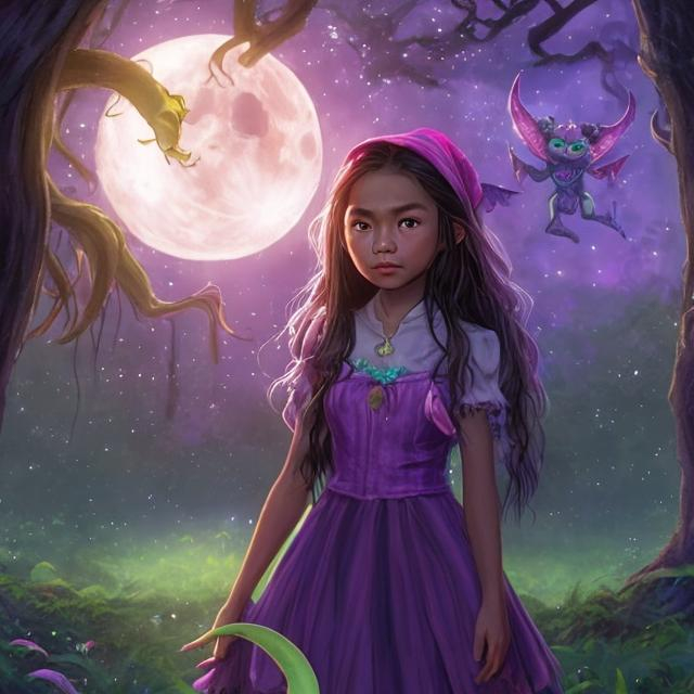 Prompt: a realistic 13 year old Filipino girl with a crescent moon on her forehead in a magical Forest staring up at the beautiful night in the sky with a kind to swamp monster a beautiful witch and a pink dress and a little purple dragon that has pink and green at the end of its wings and Tail sicker