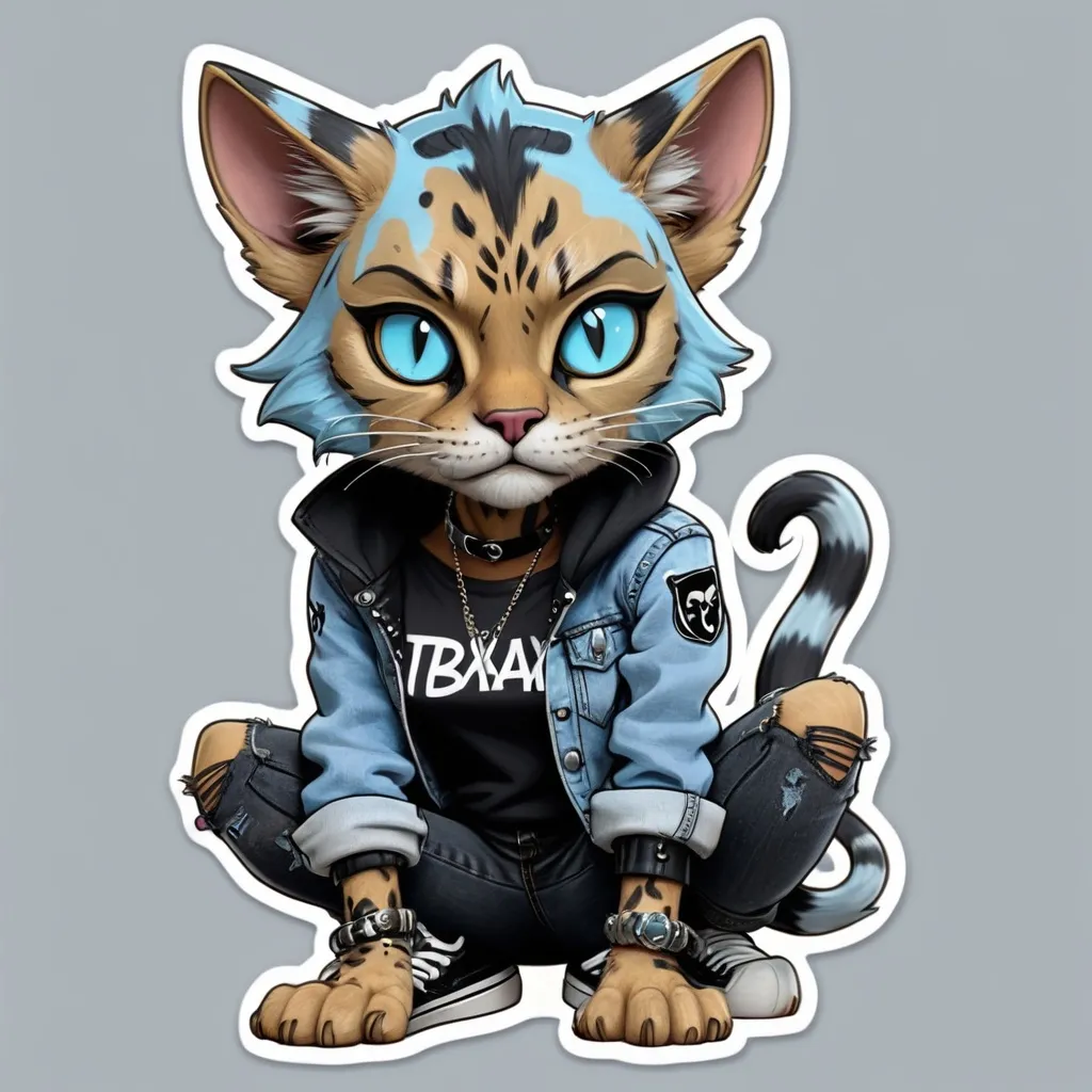 Prompt:  Tabaxi Sticker wearing acid-washed Jeans, colors are shades of black and Light blue, looking like a bad girl, best quality, masterpiece