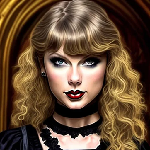 Prompt: Golden Gothic  taylor swift with 1989 hair and black lips