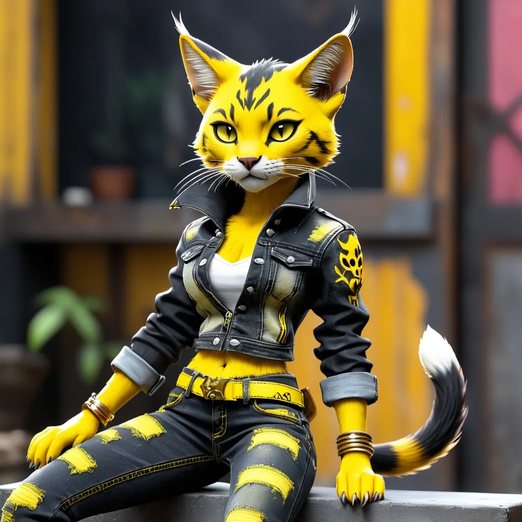 Prompt:  Tabaxi wearing acid-washed Jeans, colors are shades of black and yello, looking like a bad girl, best quality, masterpiece