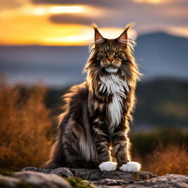 Prompt: a Maine coon with brown fur, yellow eyes, long tall, standing up on a moutain with wind blowing sunset 