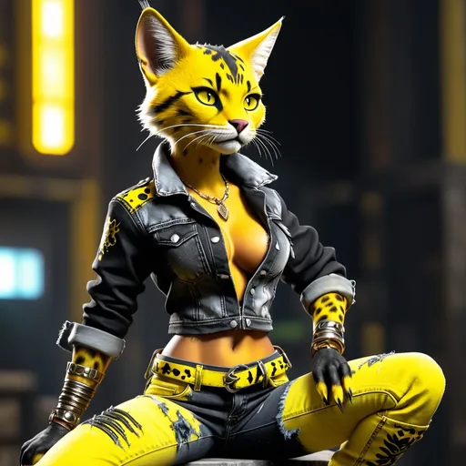 Prompt:  Tabaxi wearing acid-washed Jeans, colors are shades of black and yello, looking like a bad girl, best quality, masterpiece