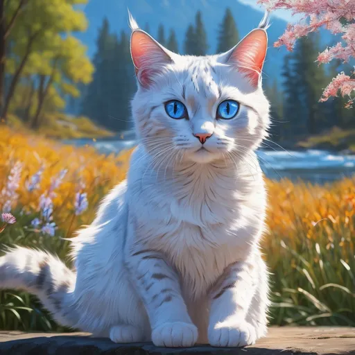 Prompt: warrior cat with speckled {silver-white fur} and {sapphire blue eyes}, young female cat, epic anime portrait, beautiful 8k eyes, elegant {frosted blue fur}, fine oil painting, intense, lunging at viewer, worm's eye view, frosted flowers, zoomed out view of character,  (unsheathed claws), visible claws, wears a bracelet, 64k, hyper detailed, expressive, intense, graceful, hissing cat, aggressive, sassy, passionate, lithe, beautiful, billowing wild mane, golden ratio, precise, perfect proportions, vibrant, prowling by a sun-bathed river, hyper detailed, complementary colors, UHD, HDR, top quality artwork, beautiful detailed background, unreal 5, artstaion, deviantart, instagram, professional, masterpiece