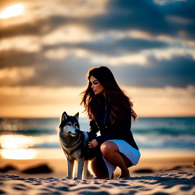 Prompt: Woman with wolf on the beach, autumn, highly detailed, professional, render, Sharp focus, HD, UHD, HDR, hyperrealistic