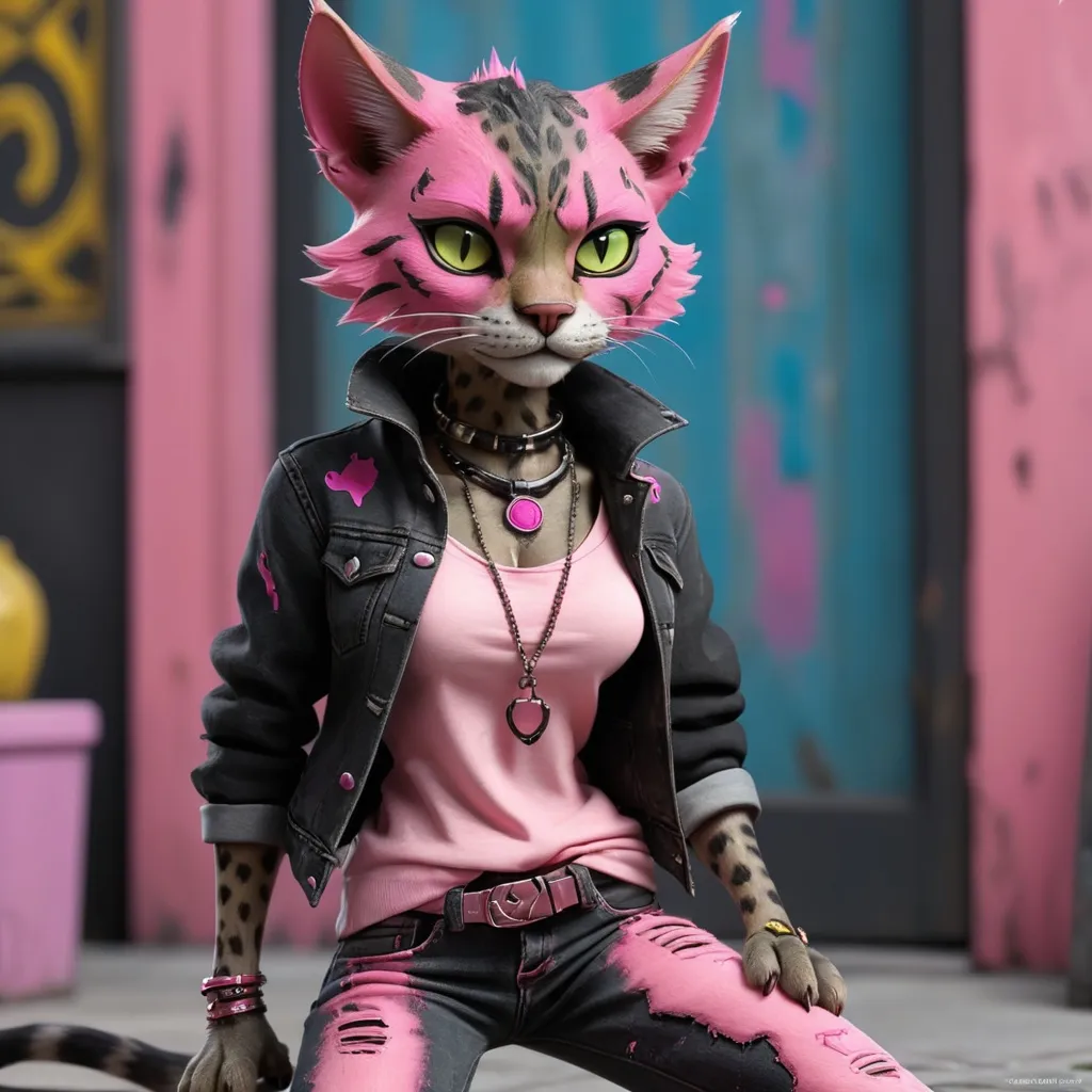 Prompt: Tabaxi wearing acid-washed Jeans, colors are shades of black and pink, looking like a bad girl, best quality, masterpiece