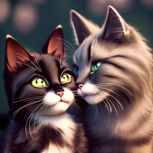 Prompt: realistic beautiful Black she cat with long eyelashes and handsome tabby cat tom cats in love kissing 