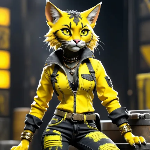 Prompt:  Tabaxi wearing acid-washed Jeans, colors are shades of black and yello, looking like a bad girl, best quality, masterpiece