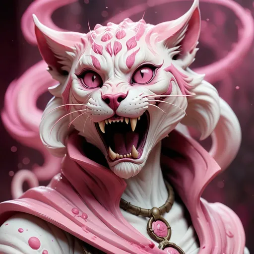 Prompt: killer Khajiit made of pink and light and swirling dust in white and eerie-pink colors, masterpiece, best quality