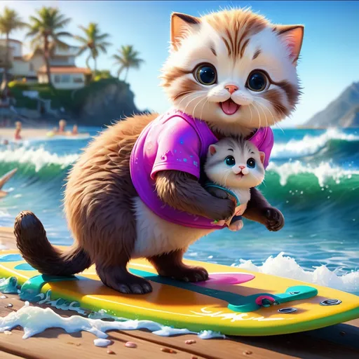 Prompt: Super cute cat with a baby sea otter, on a surfboard, fluffy, adorable, led, hyper-detailed, 64K, UHD, HDR, unreal engine, vivid colors, Ocean, waves, perfect, colorful