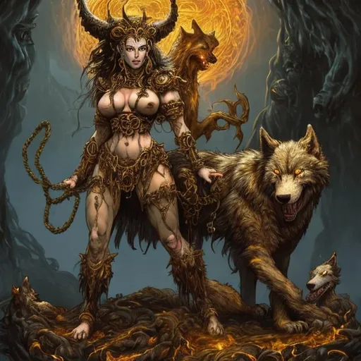 Prompt: Hell the Goddess from North mythology in helldrum with the hellhound. half of hell is rotting and the other half is beautiful she is wearing gorgeous jewelry and a ripped up rope. the hellhound is a wolf like figure wearing a giant golden color.