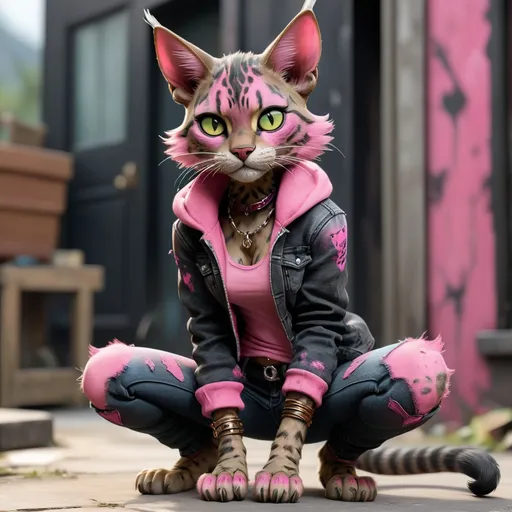 Prompt: Realistic Tabaxi wearing acid-washed Jeans, colors are shades of black and pink, looking like a bad girl, best quality, masterpiece