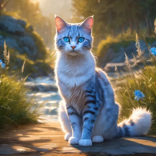 Prompt: warrior cat with speckled {silver-white fur} and {sapphire blue eyes}, young female cat, epic anime portrait, beautiful 8k eyes, elegant {frosted blue fur}, fine oil painting, intense, lunging at viewer, worm's eye view, frosted flowers, zoomed out view of character,  (unsheathed claws), visible claws, wears a bracelet, 64k, hyper detailed, expressive, intense, graceful, hissing cat, aggressive, sassy, passionate, lithe, beautiful, billowing wild mane, golden ratio, precise, perfect proportions, vibrant, prowling by a sun-bathed river, hyper detailed, complementary colors, UHD, HDR, top quality artwork, beautiful detailed background, unreal 5, artstaion, deviantart, instagram, professional, masterpiece