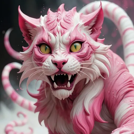 Prompt: killer Khajiit made of pink and light and swirling dust in white and eerie-pink colors, masterpiece, best quality