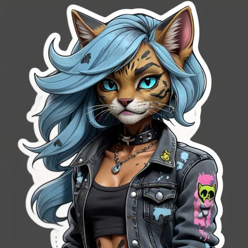 Prompt:  Tabaxi Sticker wearing acid-washed Jeans, colors are shades of black and Light blue, looking like a bad girl, best quality, masterpiece