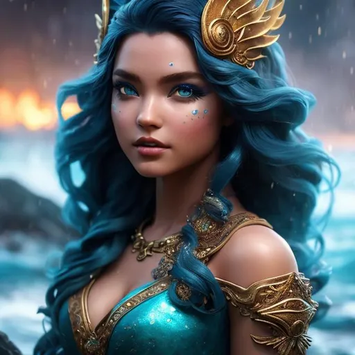 Prompt: #Vasa# character, {{ultra definition, concept art, cinematic, epic 4K masterpiece}
a goddess of water,blue and blold hair, fiery eyes, surrounded by Water, tall and kind,
{clothes]  dress,
mythology,
highly detailed, digital painting, artstation, concept art, smooth, sharp focus, illustration, 4k,