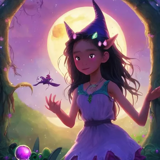 Prompt: a realistic 13 year old Filipino girl with a crescent moon on her forehead in a magical Forest staring up at the beautiful night in the sky with a kind to swamp monster a beautiful witch and a pink dress and a little purple dragon that has pink and green at the end of its wings and Tail