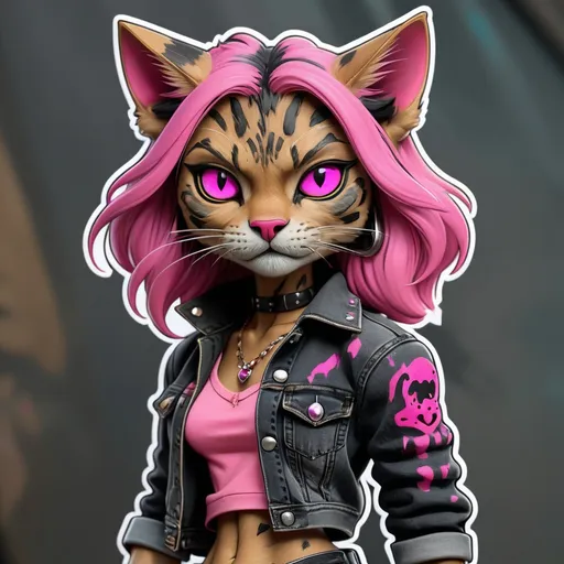 Prompt:  Tabaxi Sticker wearing acid-washed Jeans, colors are shades of black and pink, looking like a bad girl, best quality, masterpiece