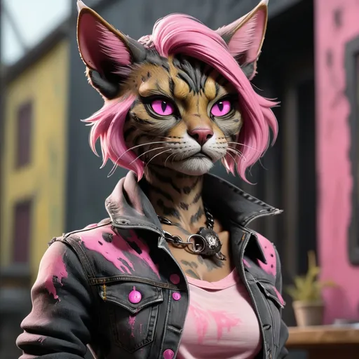 Prompt: Realistic Tabaxi wearing acid-washed Jeans, colors are shades of black and pink, looking like a bad girl, best quality, masterpiece