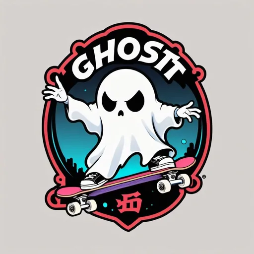 Prompt: Anime skateboarding  ghost logo. The logo must also include the words ghost skateboards
