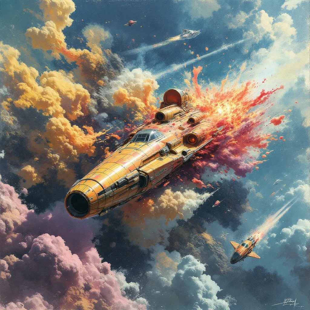 Prompt: “spaceship that looks like the Kool-Aid man busting out of warp speed, sci-fi concept art, by John Berkey, detailed painting, award winner”
