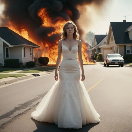 Prompt: Realistic Woman in wedding dress. Walking through the middle of the street in a suburban neighborhood on fire. Houses on Fire. Shot on Alexa Mini. 24mm Anamorphic lens. Vintage grain.