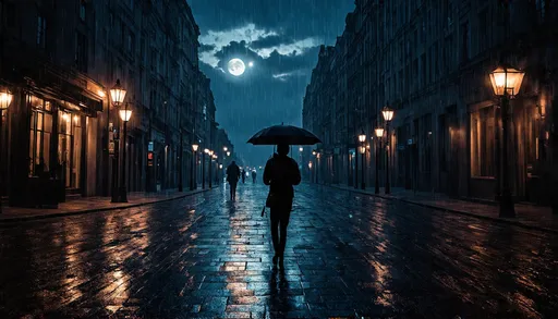 Prompt: A tranquil rainy night, where a dazzling night sky is the backdrop for a serene urban scene. The cobblestone streets are glistening with the recent downpour, reflecting the vibrant neon lights that bounce off the wet pavement. Above, a bright moon pierces through the veil of dark clouds, casting an ethereal glow over the cityscape. The silhouettes of tall, ancient buildings and modern skyscrapers stand majestically, creating an intriguing blend of historical charm and contemporary grandeur. The rain is depicted in fine streaks, as if each droplet is a brushstroke painted by an invisible artist. The café on the corner, with its warm, inviting light spilling out, adds a cozy touch to the otherwise deserted street. The occasional flicker of a streetlamp and the shimmer of puddles under its glow contribute to the enchanting atmosphere. A solitary figure, equipped with an umbrella, strolls leisurely through the frame, adding a human element to the otherwise inanimate scene. The reflections on the ground form an intricate dance of light and shadow, leading the viewer's eye through the composition. Despite the rain, there's a sense of peace and solitude, a secret beauty that only reveals itself to those who dare to venture out into the quiet embrace of the night. The overall tone is one of serenity with a hint of magic, as nature and city life harmoniously converge under the watchful gaze of the moonlit sky.