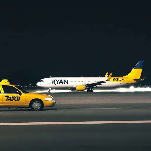 Prompt: show a yellow taxi leaving at night from an airport. Show also one white airplane ryan air landing