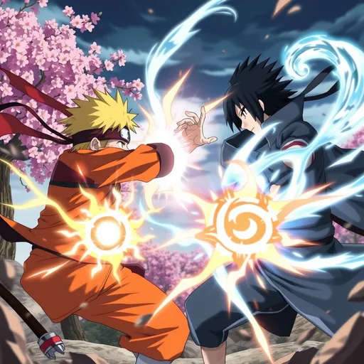 Prompt: (Naruto fighting Sasuke), dynamic action scene, intense energy clash, detailed character expressions, vibrant anime colors, energetic poses, dramatic lighting, tension-filled atmosphere, large swirling chakra formations, stylized Sakura tree background, ultra-detailed characters, high-quality visual, cinematic feel, (exciting rivalry moment).